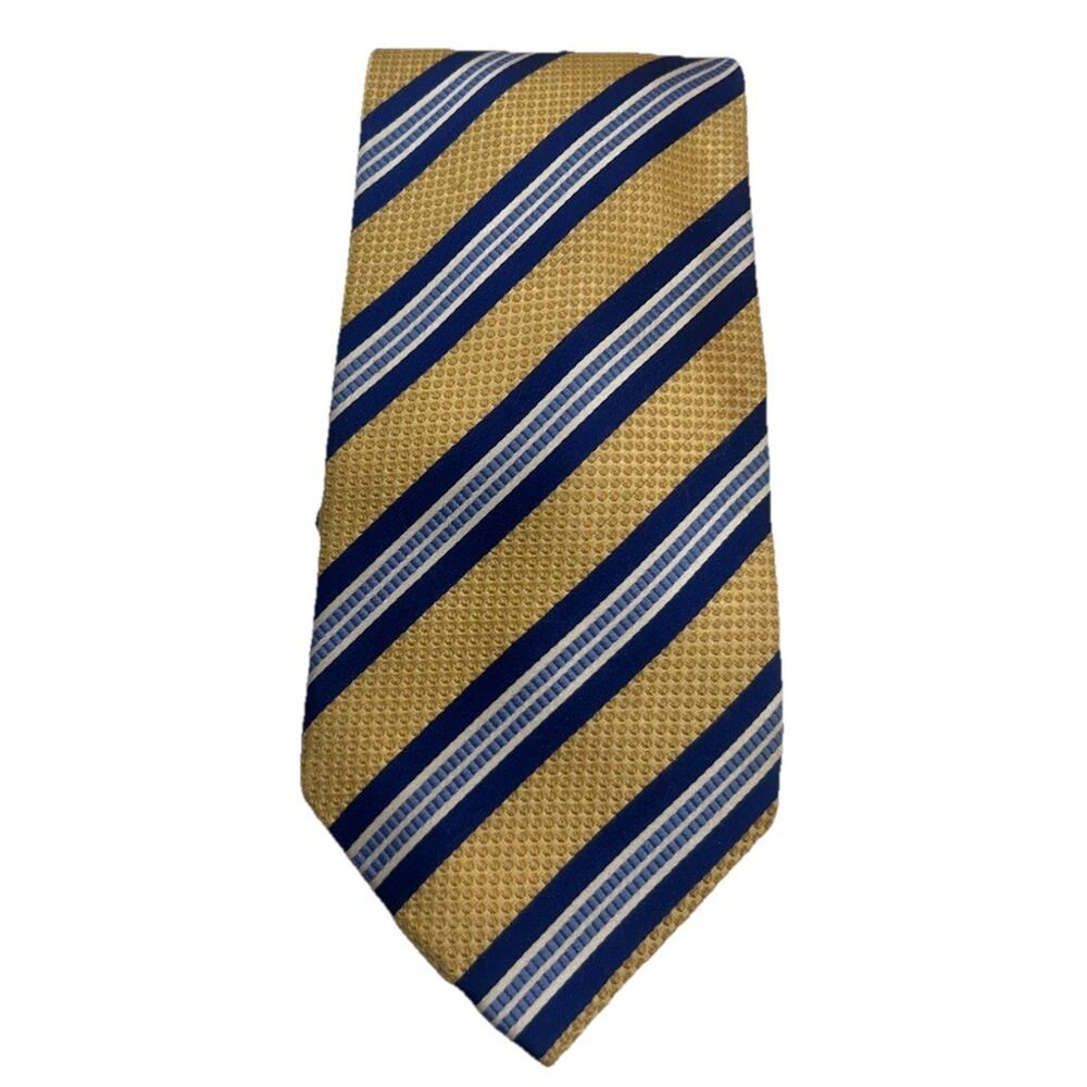 Tasso Elba Men’s Necktie Yellow Blue Stripe Silk 3.5” Handmade 61” Long Tie